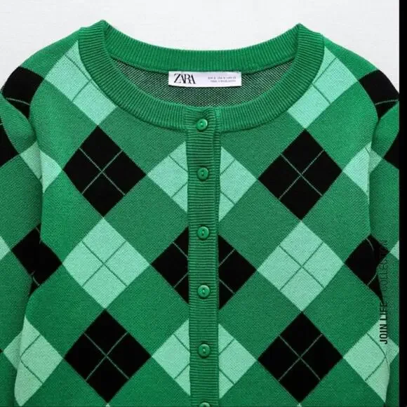 Zara Black Green Argyle Knit Cardigan Bloggers Favorite Size Medium - Picture 4 of 6